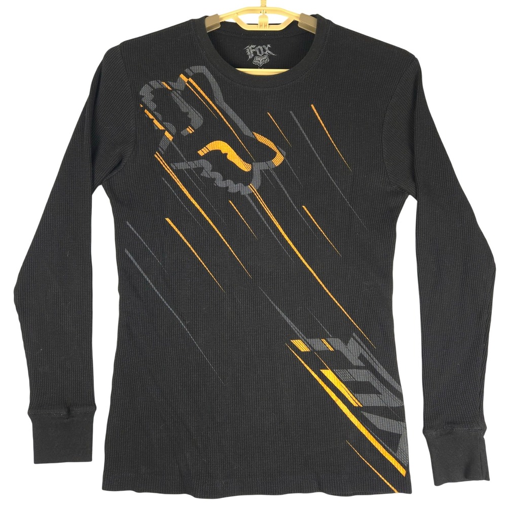Fox Racing Mens Black Waffle Knit Thermal Long Sleeve Graphic Shirt Medium